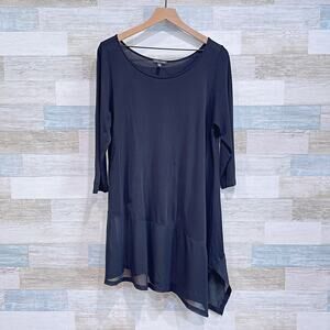 Eileen Fisher 100% Silk Asymmetric Sheer Mesh Hem Tunic Top Black Womens Large